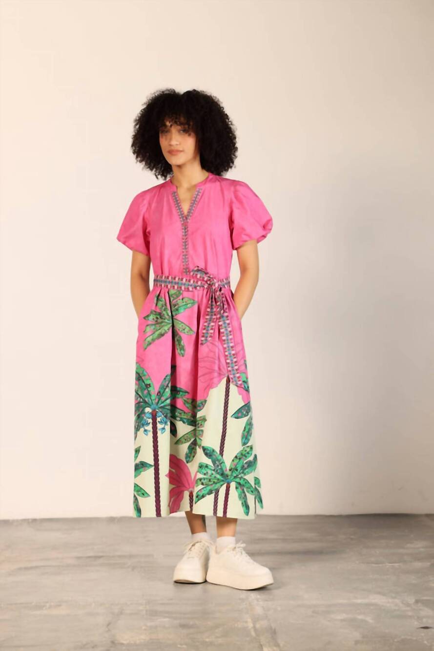 NEW MAUDE VIVANTE nova poplin midi dress in pink tropics print